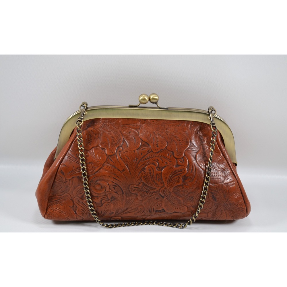 Patricia Nash Vintage Brown Tooled Leather Satchel Purse Kiss Lock